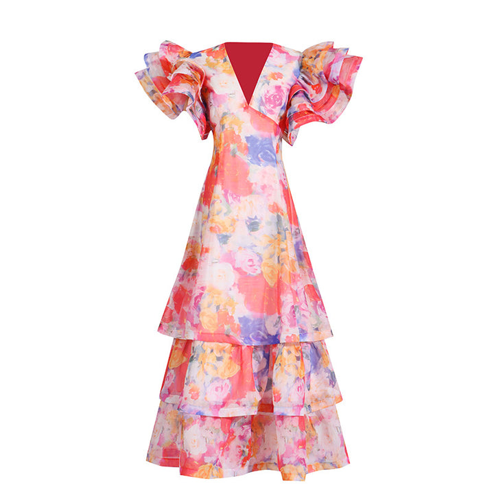 Temperament Print Lotus Leaf Sleeve Dress