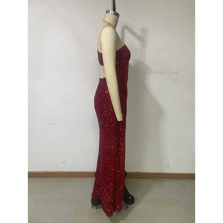 Temperament Red Sequined Fringed Maxi Dress