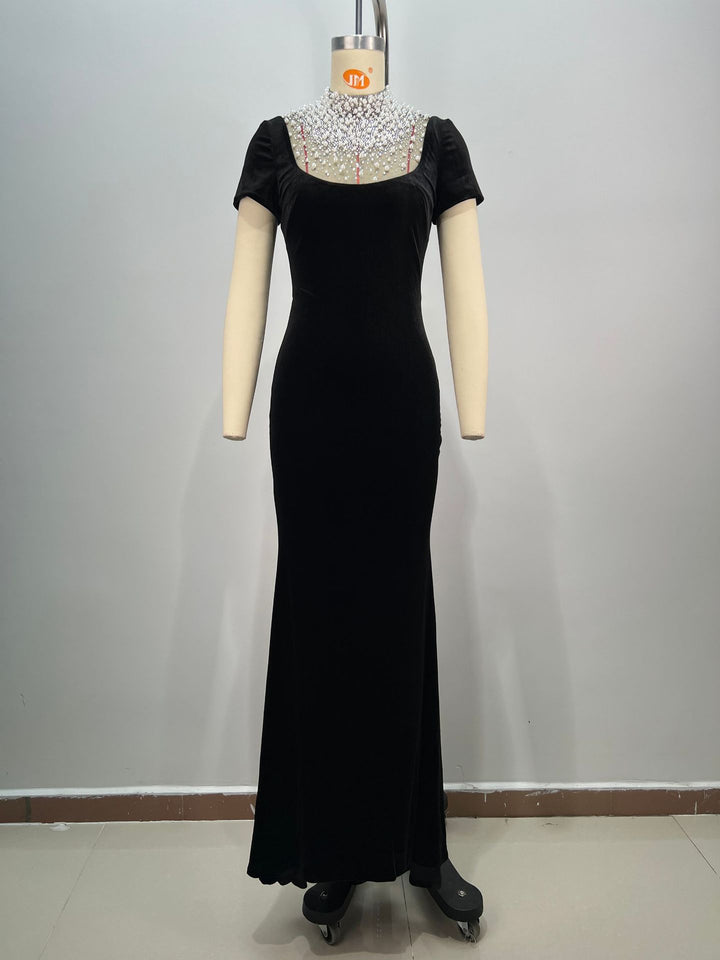 Temperament Diamond Pearl Velvet Maxi Dress