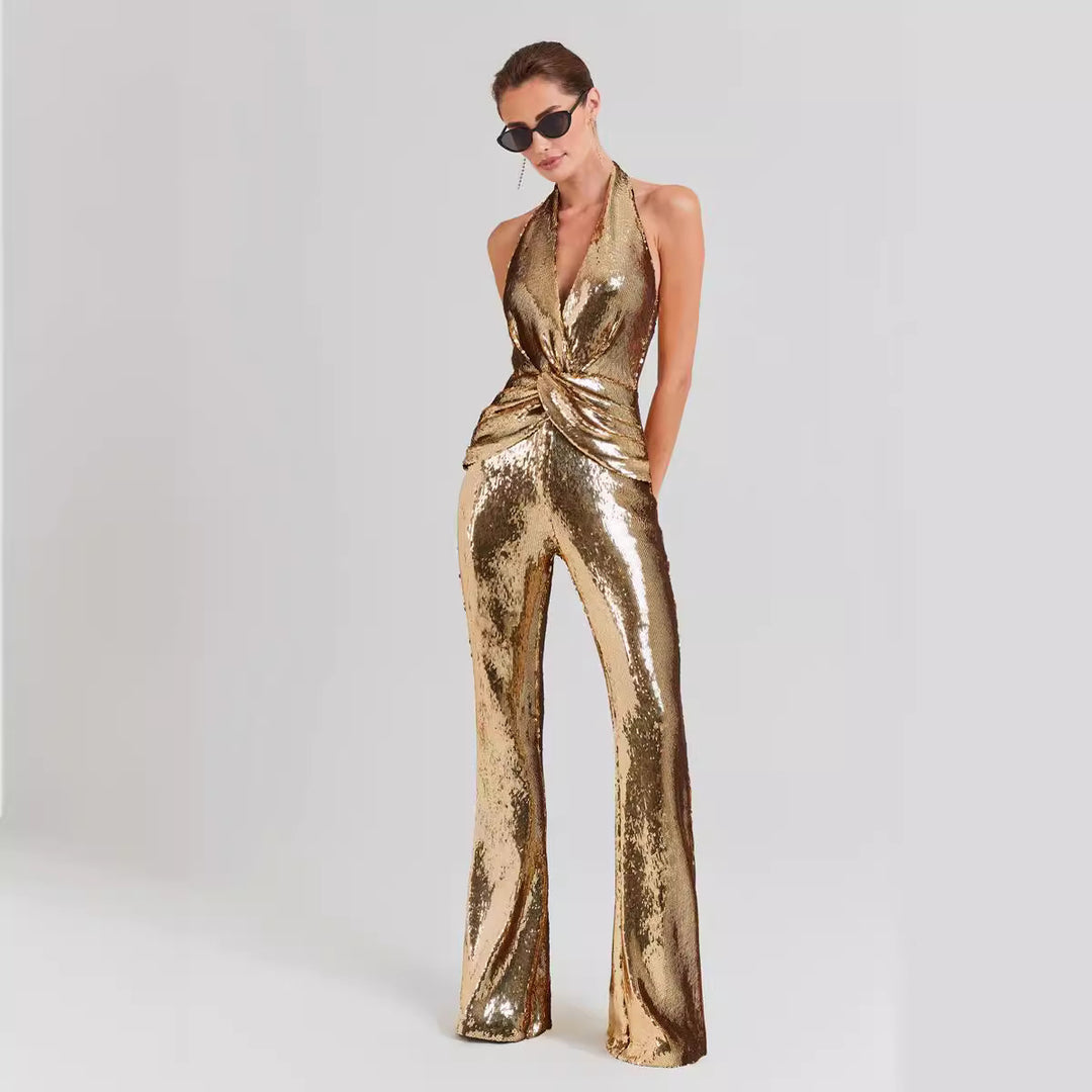 Fashion Sleeveless Neck Sequined Jumpsuit