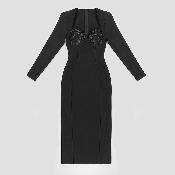 Elegant Hot Diamond Long Sleeve Midi Dress