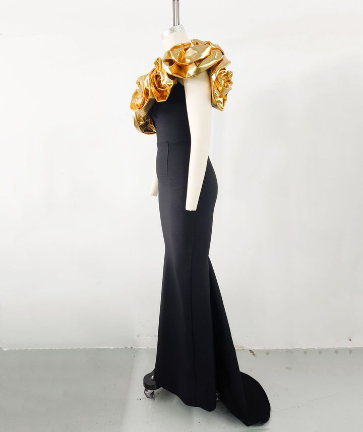 Elegant Gold Flower Slanted Shoulder Dress