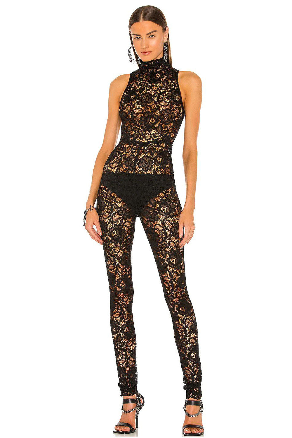 Elegant Black Belt Lace Jumpsuit