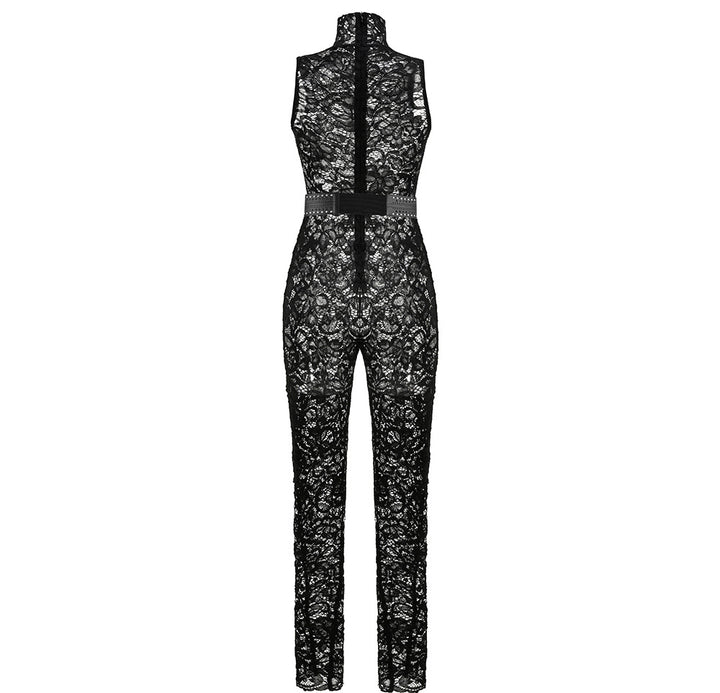 Elegant Black Belt Lace Jumpsuit