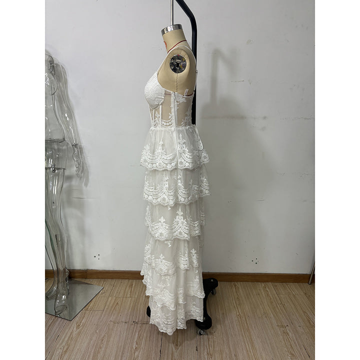 Temperament White Sequined Cake Maxi Dress