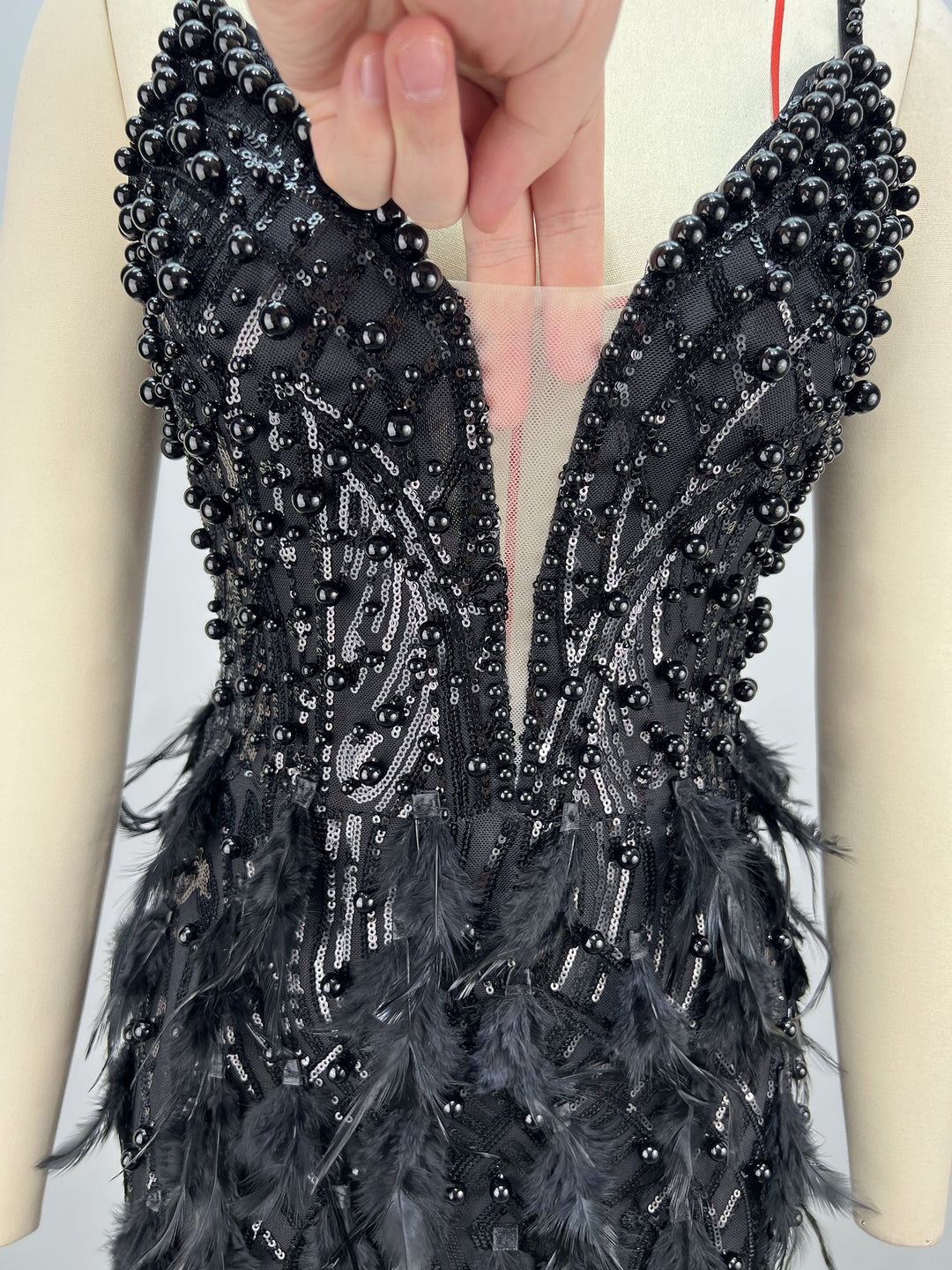 Romantic Beaded Feather Sequin Mini Dress