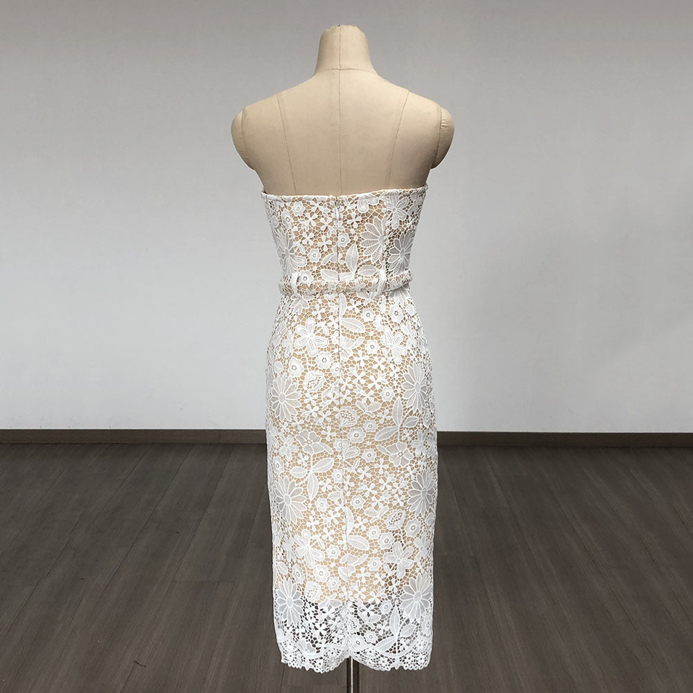 Elegant Tube Top White Lace Midi Dress