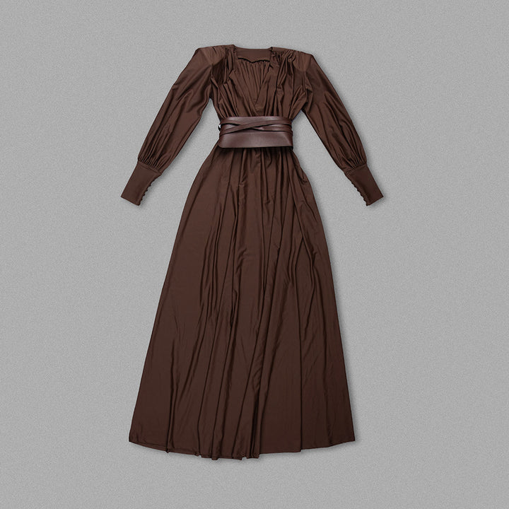 Simple Solid Color Dark V Long-sleeved Maxi Dress