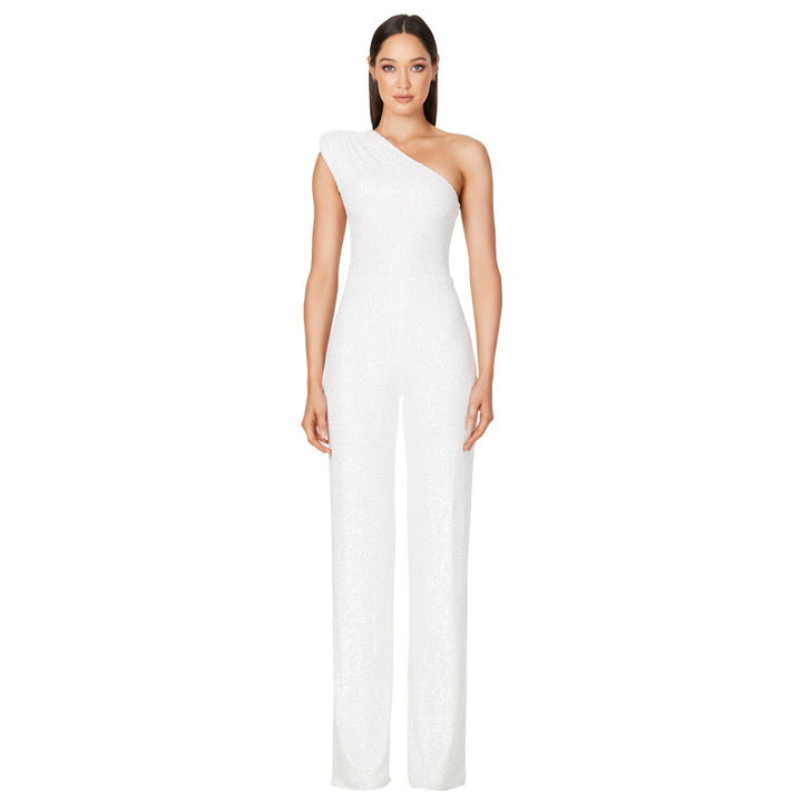 Simple Solid Color Shoulder Sequined Jumpsuit