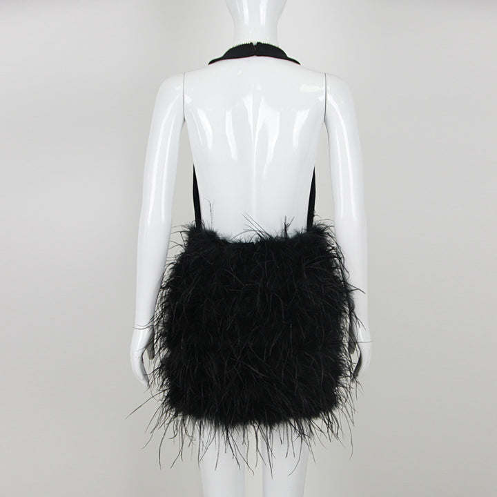 Simple Backless Feather Mini Dress