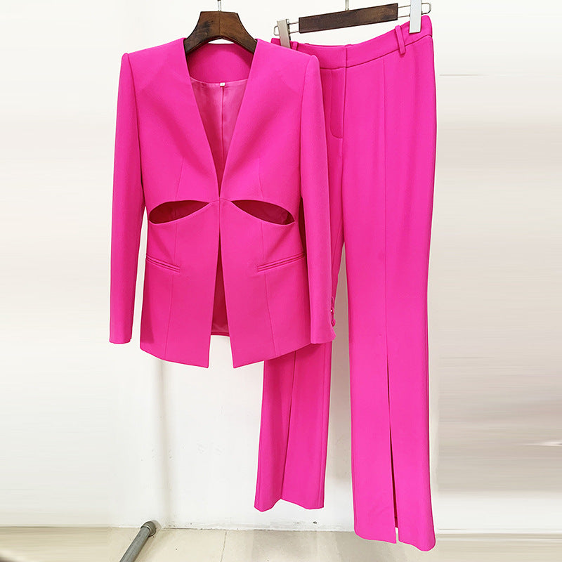 Temperament Solid Color Hollow Suit Two-piece Set