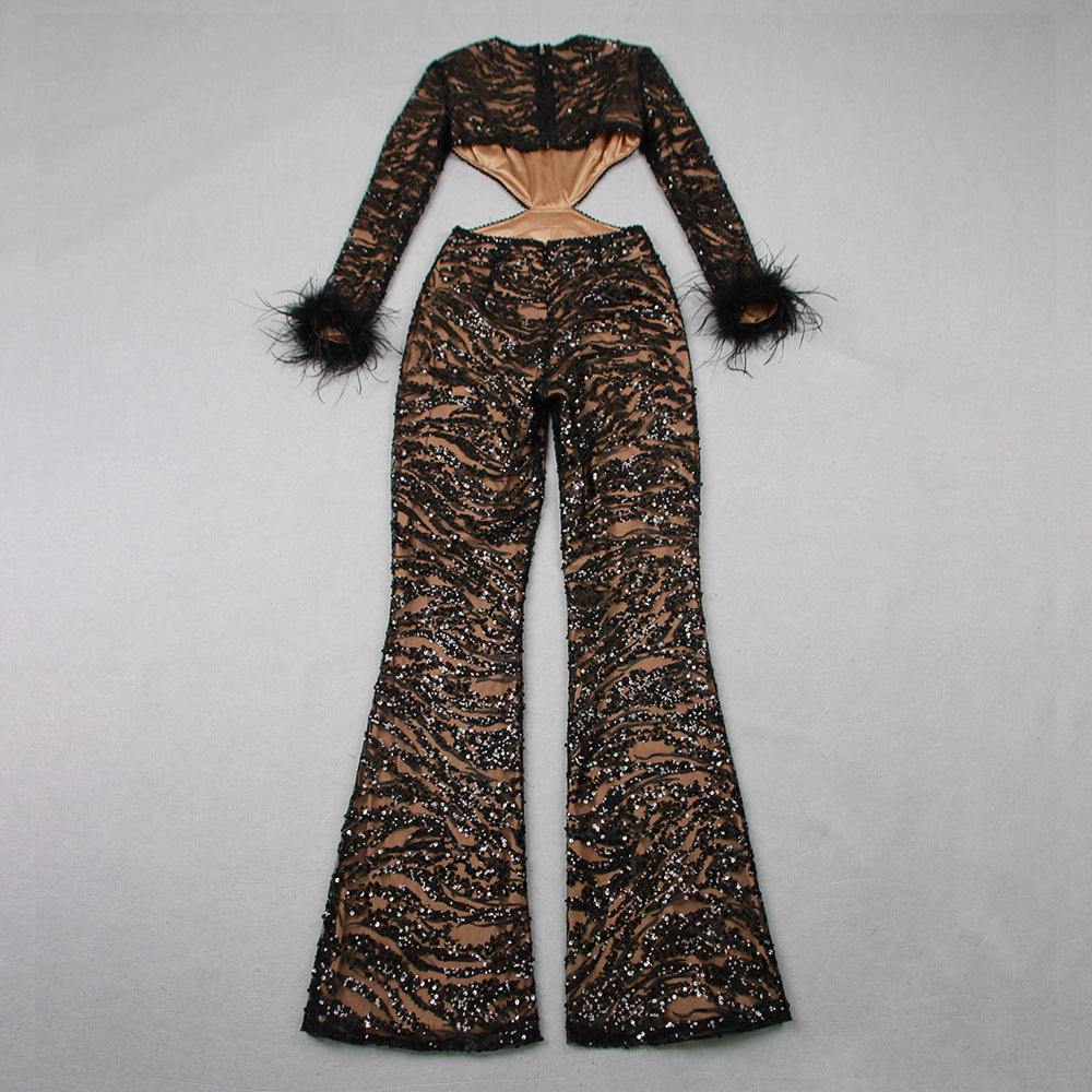 Elegant Backless Black Beaded Jumpsuit