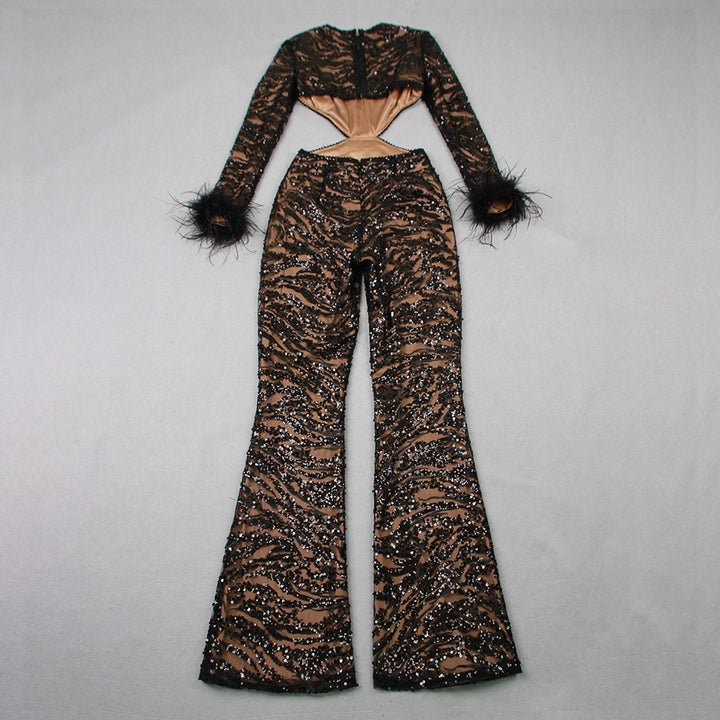 Elegant Backless Black Beaded Jumpsuit