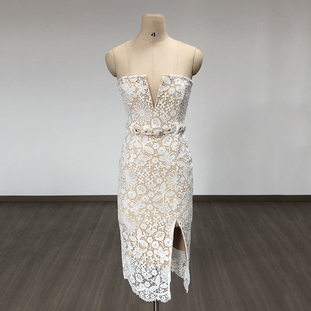 Elegant Tube Top White Lace Midi Dress