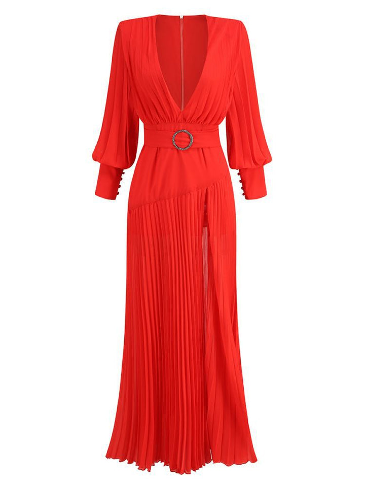 Retro Solid Color Lantern Sleeve Maxi Dress