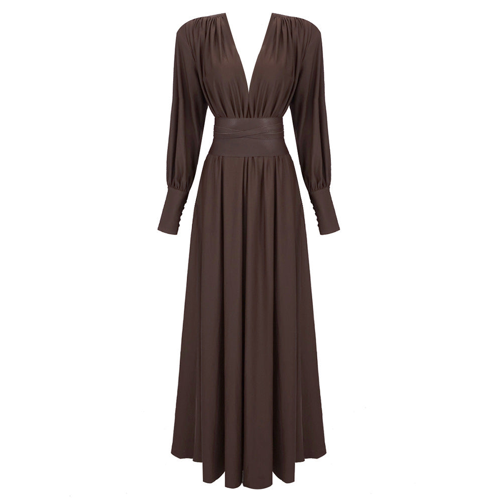 Simple Solid Color Dark V Long-sleeved Maxi Dress