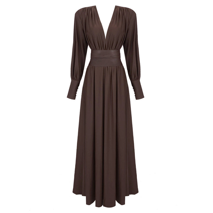 Simple Solid Color Dark V Long-sleeved Maxi Dress