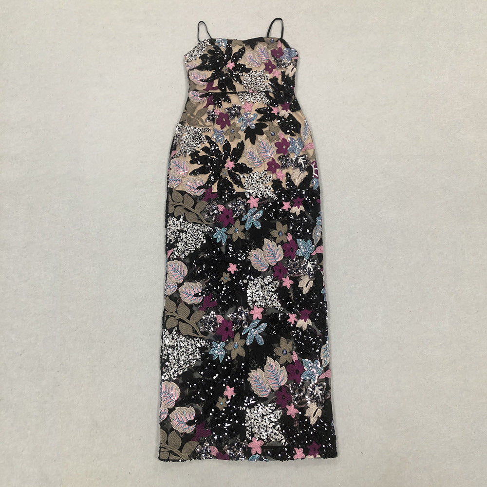 Elegant Embroidered Print Sequin Maxi Dress