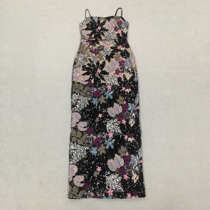 Elegant Embroidered Print Sequin Maxi Dress