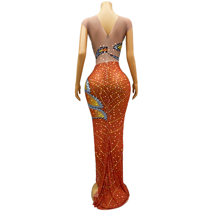 Temperament Color Printed Diamond Maxi Dress