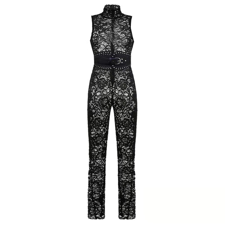 Elegant Black Belt Lace Jumpsuit