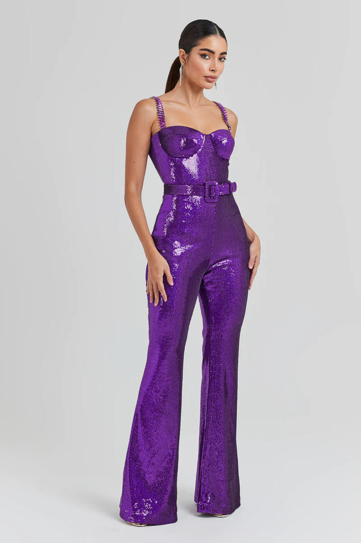 Stylish Purple Suspender Sequined Jumpsuit