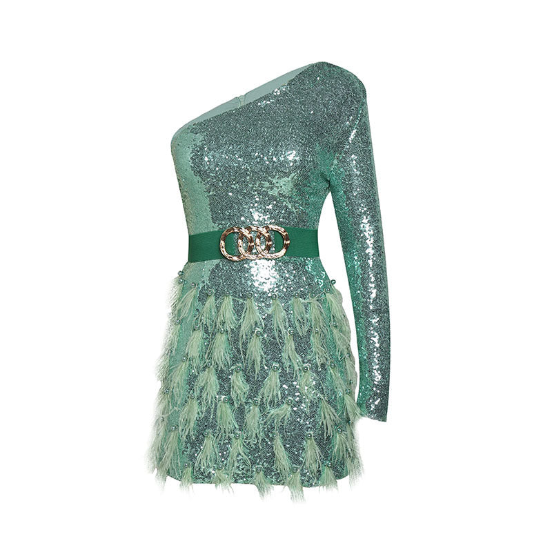 Fashion Beaded Sequin Feather Mini Dress