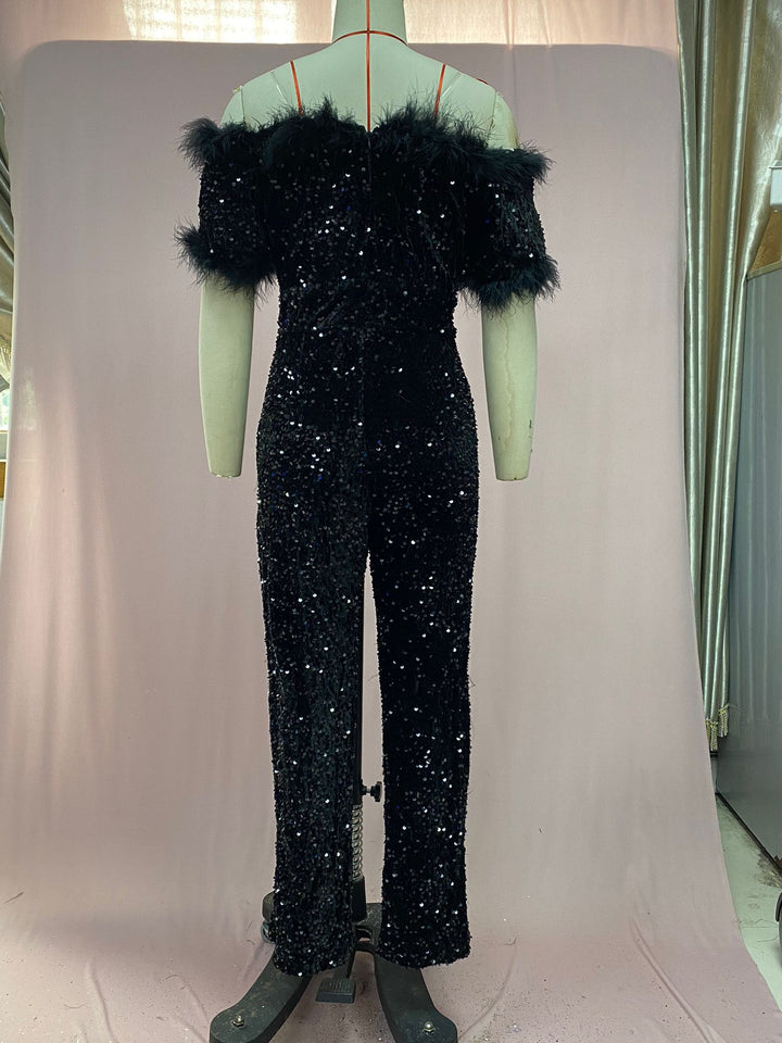 Temperament Off-Shoulder Feather Sequin Jumpsuit