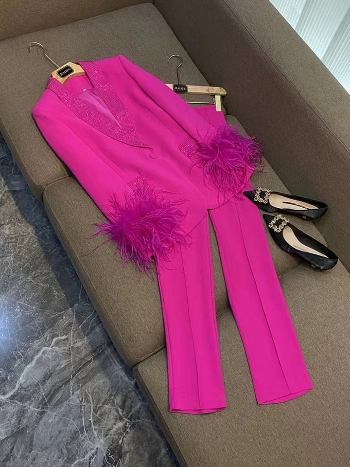 Casual Hot Diamond Feather Suit Two-piece Set