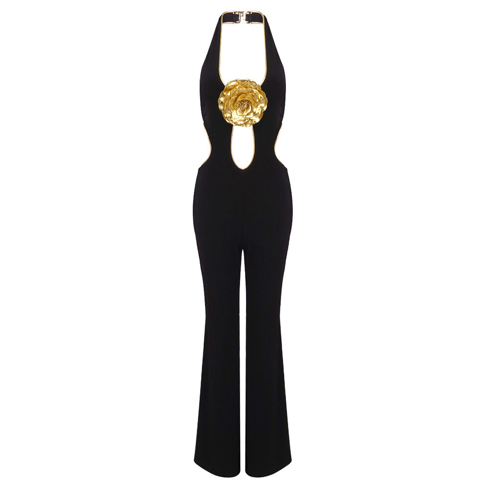 Temperament Neck Golden Flower Jumpsuit