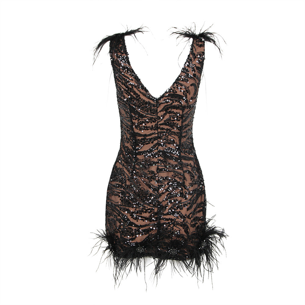 Fashion Sequined Feather Mini Dress