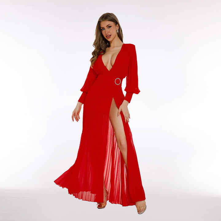 Retro Solid Color Lantern Sleeve Maxi Dress