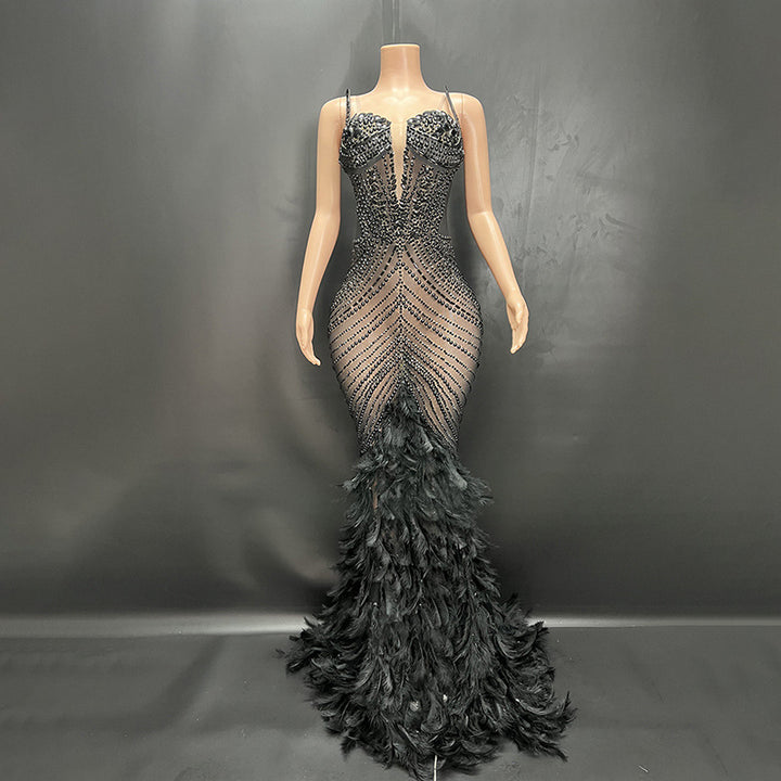 Elegant Feather Diamond Maxi Dress