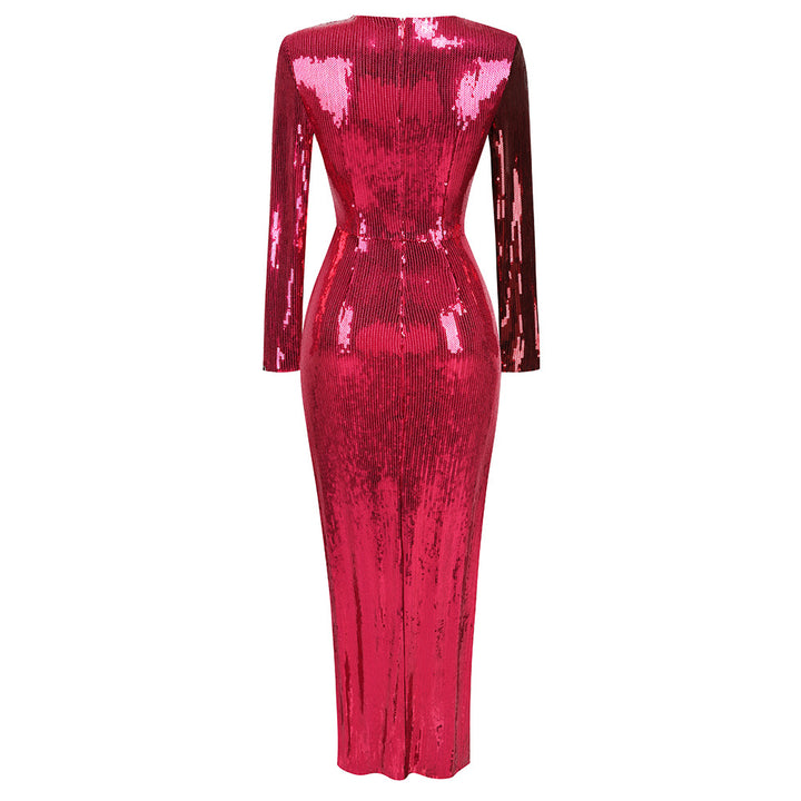 Elegant Rose Red Long-sleeved Sequin Maxi Dress