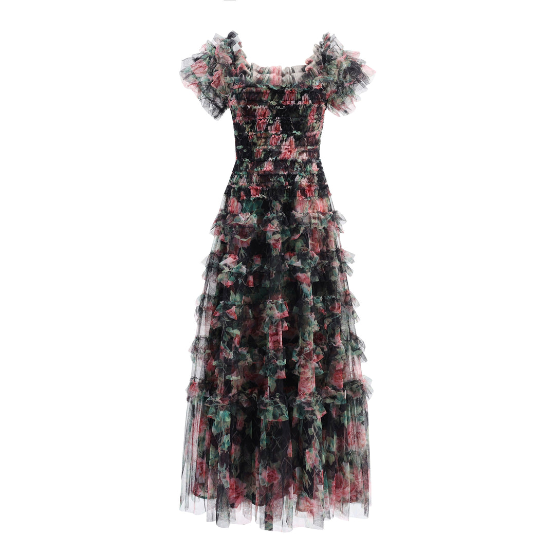 Aimee Square Neck Sweet Mesh Floral Sweet Waist Slimming Evening Dress