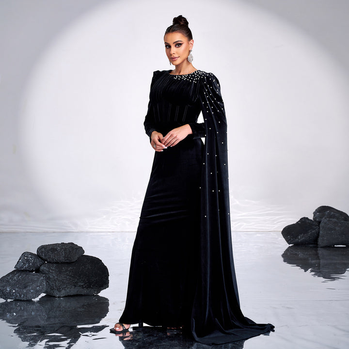 Vintage Long Sleeve Crew Neck Bead Maxi Dress