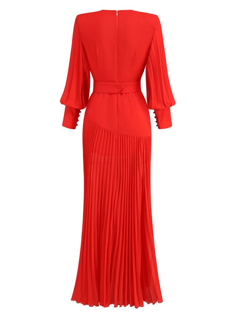 Retro Solid Color Lantern Sleeve Maxi Dress