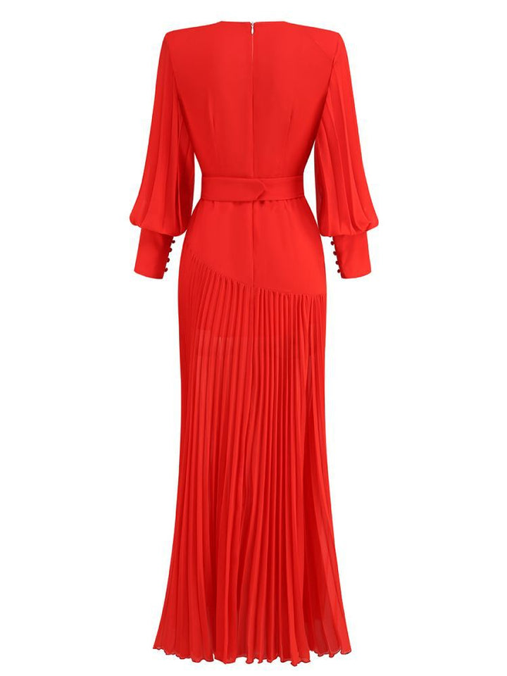 Retro Solid Color Lantern Sleeve Maxi Dress