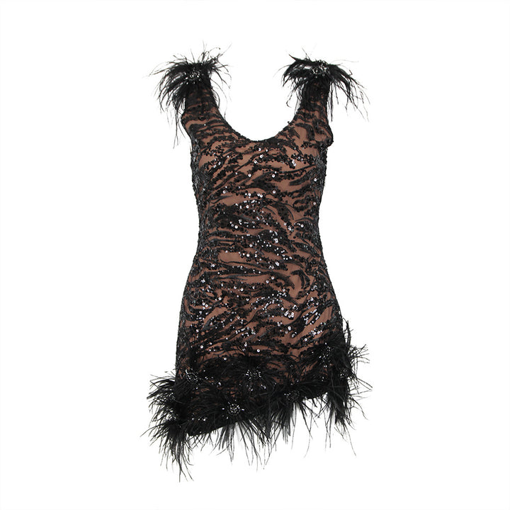 Fashion Sequined Feather Mini Dress