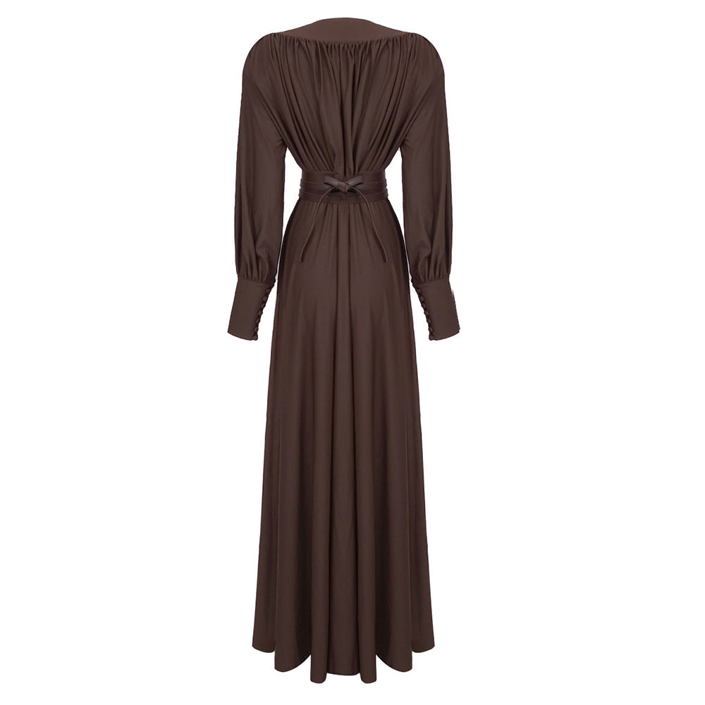 Simple Solid Color Dark V Long-sleeved Maxi Dress