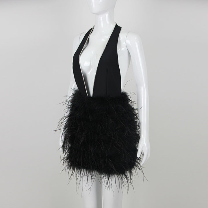 Simple Backless Feather Mini Dress