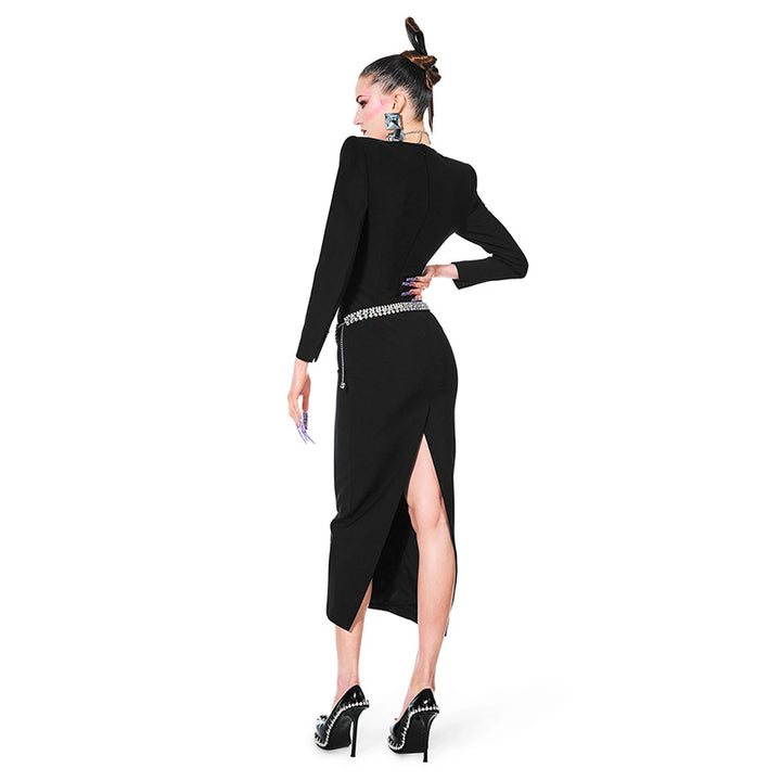 Elegant Hot Diamond Long Sleeve Midi Dress