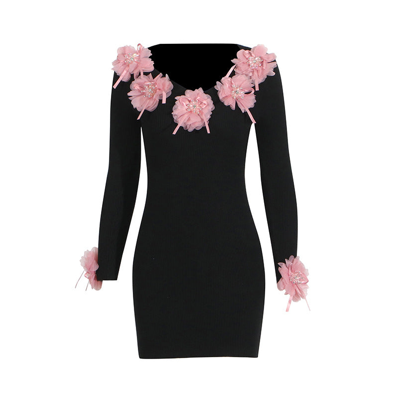 Elegant Mesh Flower Splicing Mini Dress