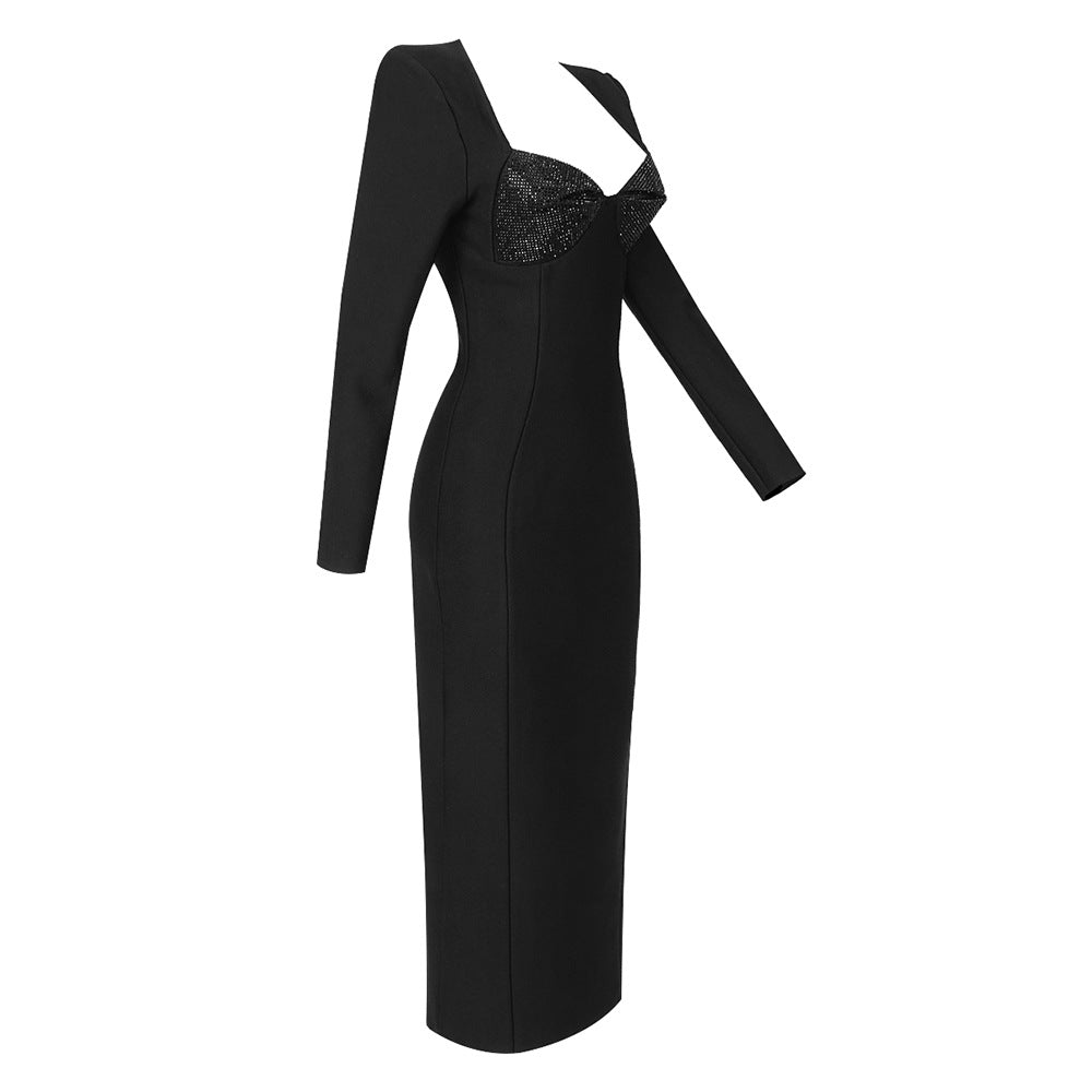 Elegant Hot Diamond Long Sleeve Midi Dress