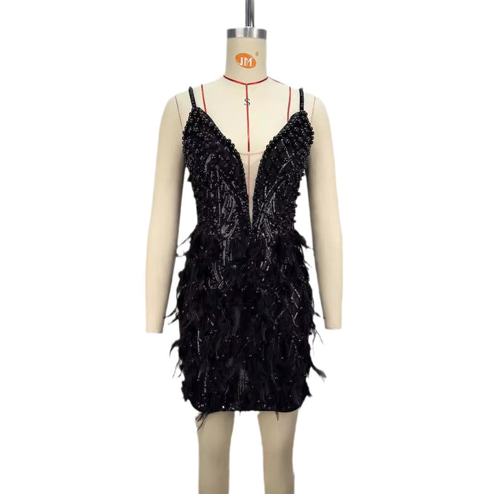 Romantic Beaded Feather Sequin Mini Dress