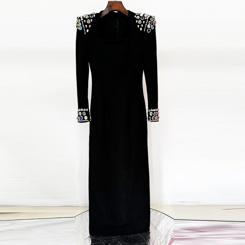 Temperament Diamond-encrusted Long-sleeved Dress