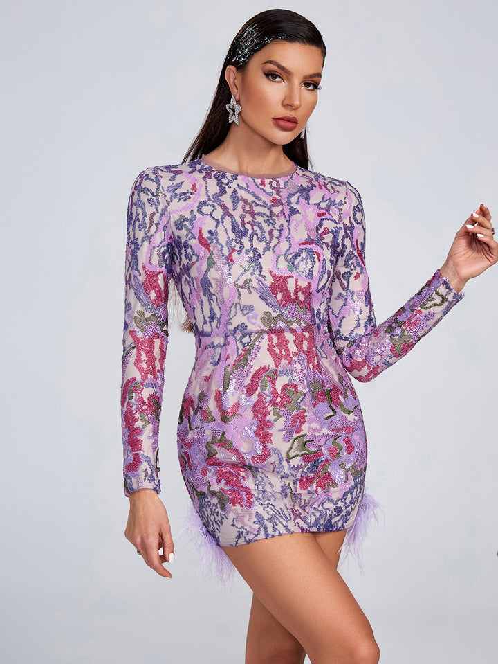 Elegant Beaded Sequined Feather Mini Dress