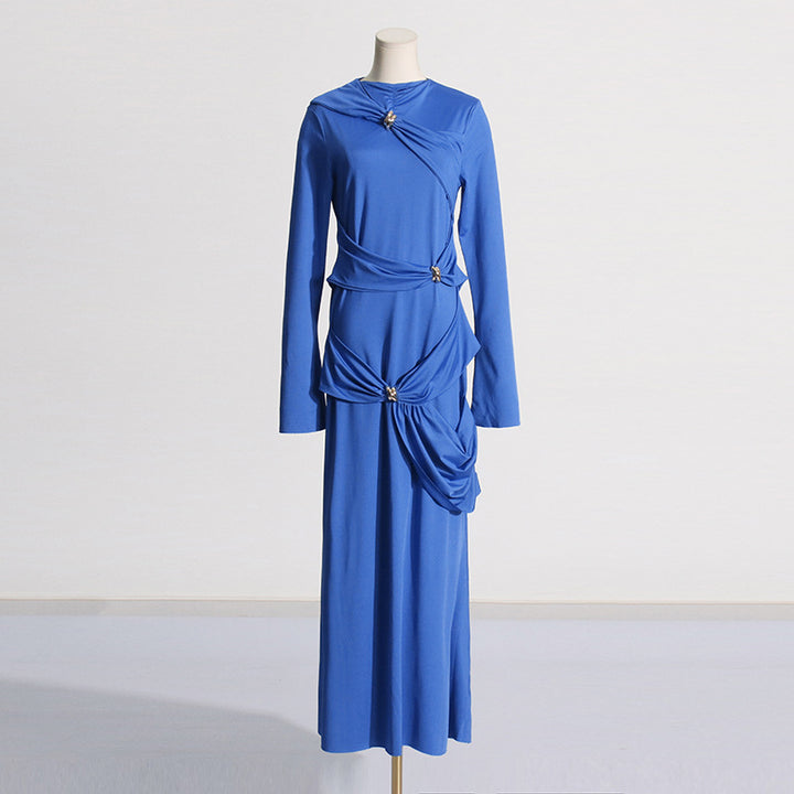 Simple Solid Color Irregular Pleated Maxi Dress