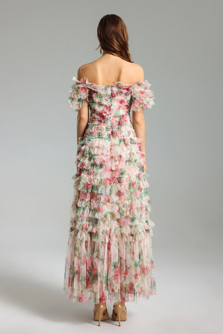 Qearl Floral Off Shoulder Pleated Maxi Dress