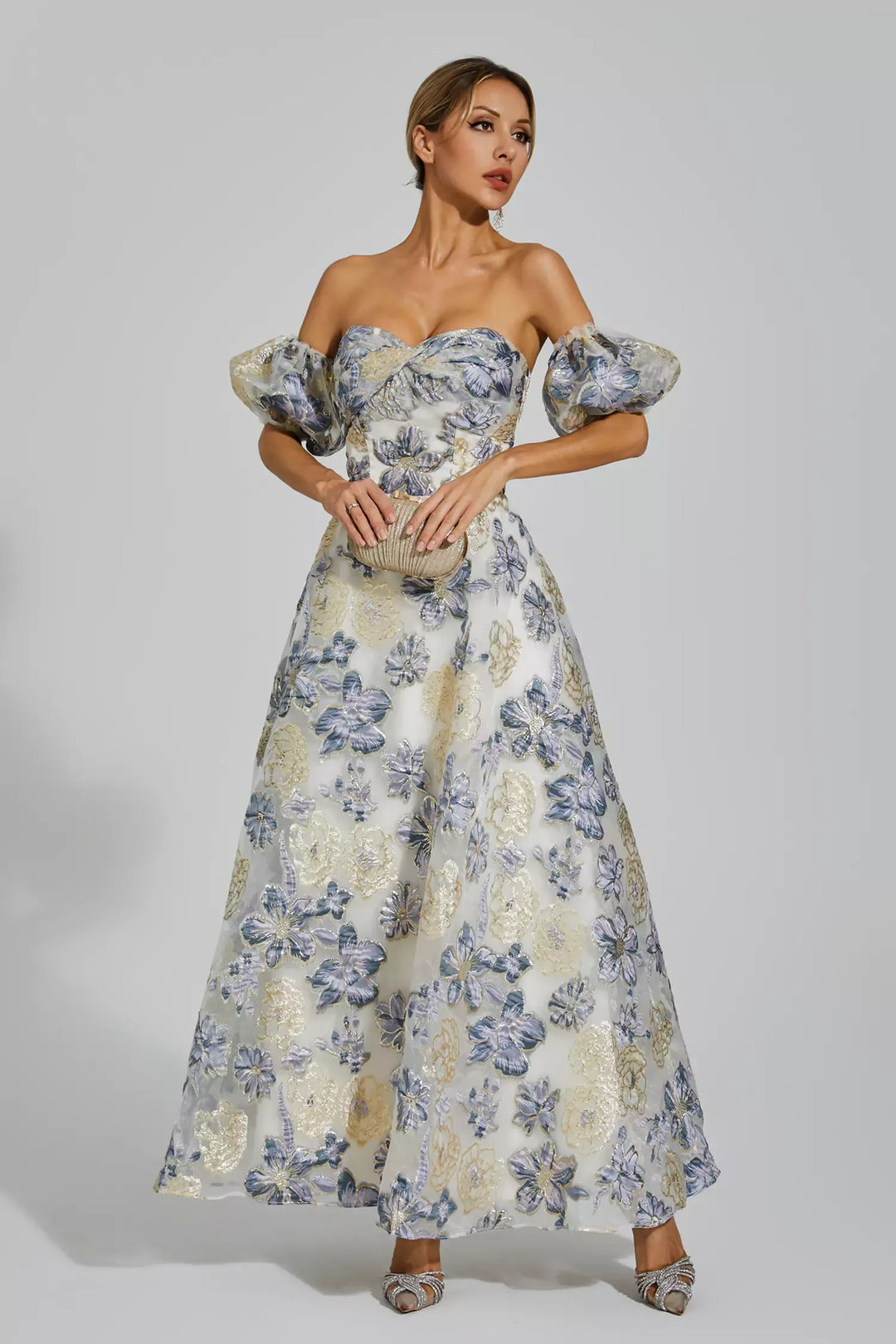 Reem Blue-Purple Flower Off Shoulder Dress